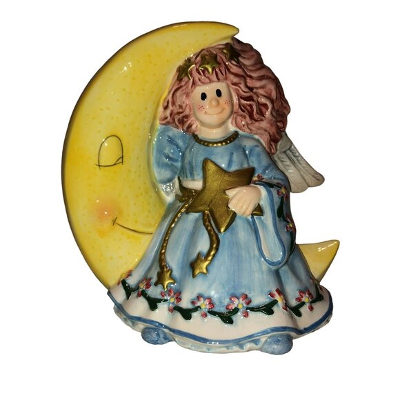 FITZ AND FLOYD COIN PIGGY BANK MOONBEAMS ANGEL MOON STARS CERAMIC YELLOW BLUE - Picture 1 of 6